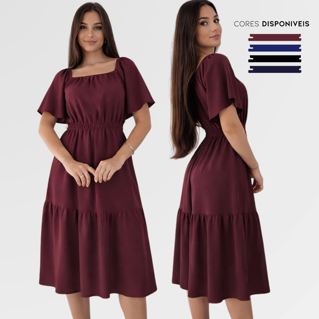 Vestido Feminino Midi Romântico Decote Quadrado Moda Evangélica Cristã Elegante para Igreja e Festa
