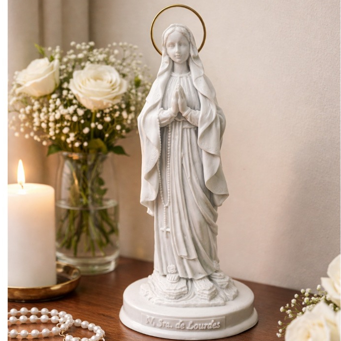 Imagem Nossa Senhora Lourdes 20cm Resina Branca Maciça Decoração Presente Decorativo Devoção