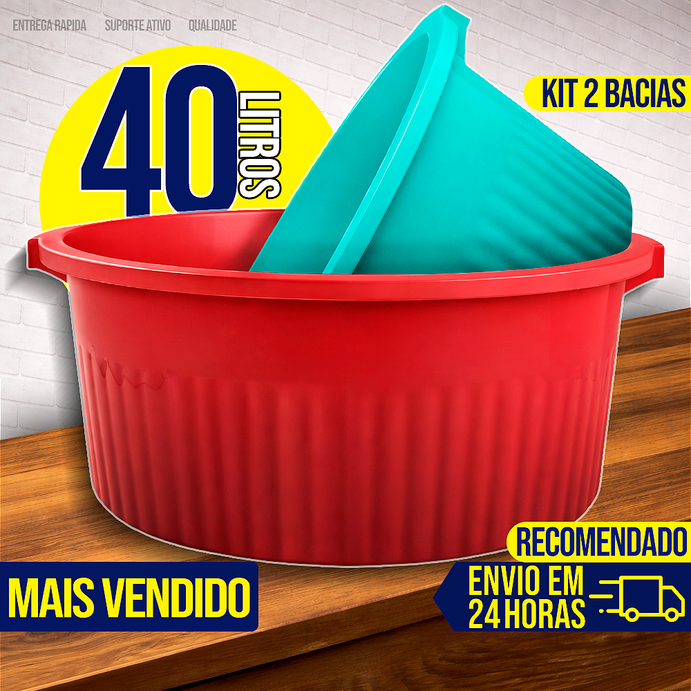 Kit 2 Bacia Grande 40 Litros Plástico Grande Resistente Multiuso 2 Alças Lava Roupa Cabe Tudo
