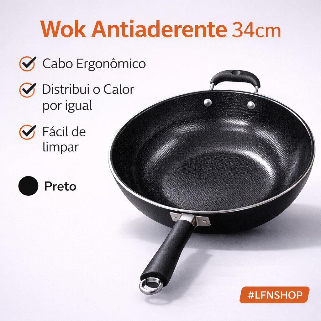 Imagem Frigideira Wok 34cm Antiaderente Grande Profissional Preta Ideal Para Yakisoba e Fritura
