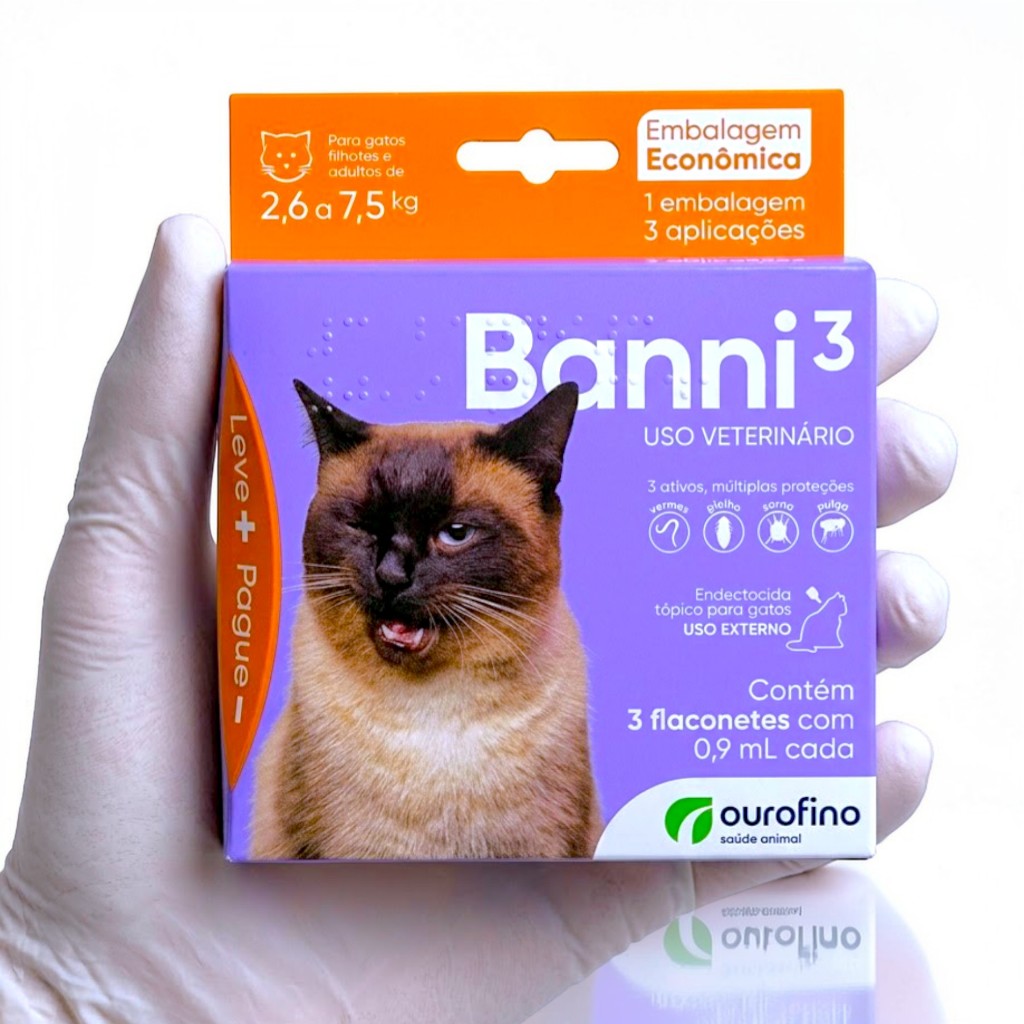 Banni 3 Gatos Ourofino 0,90ml 3 Pipetas - Proteção Completa Contra Pulgas e Vermes