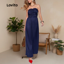Lovito Macacao Elegante Festa Sem Alcas Drapeado Duna Chic Moda Feminina BRJRB1030BRL1060