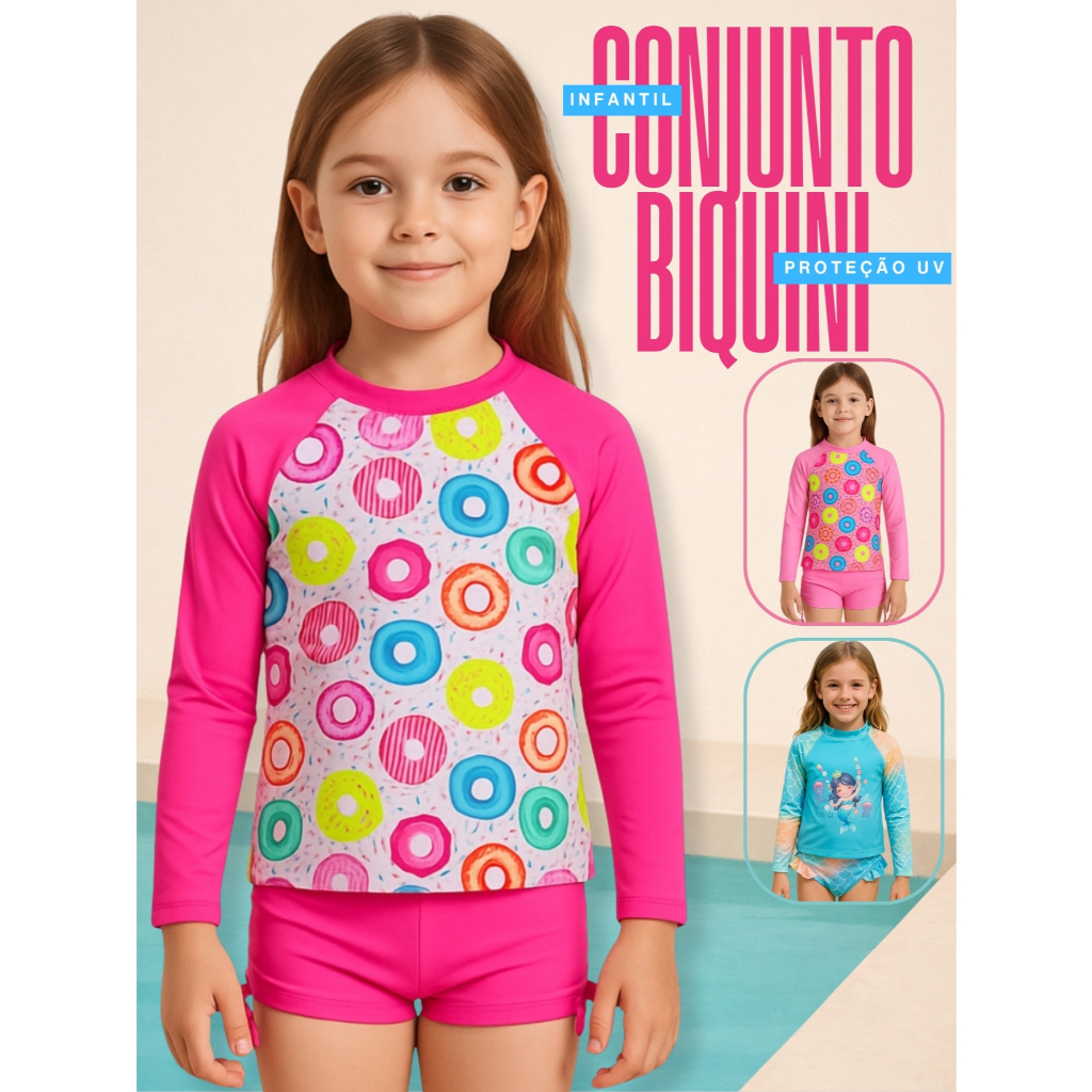 Biquini Infantil Menina Conjunto Praia Menina UV 50+ Camiseta Proteção Solar Manga Longa com Short
