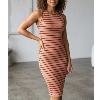 Vestido Feminino Midi Listrado Canelado Ribana Estilo Gringa Casual Chic em Oferta na Shopee