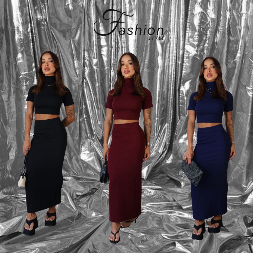 Conjunto Feminino Saia Longa e Croped De Anarruga Elegante Canelado Moda Blogueira Tamanho Único