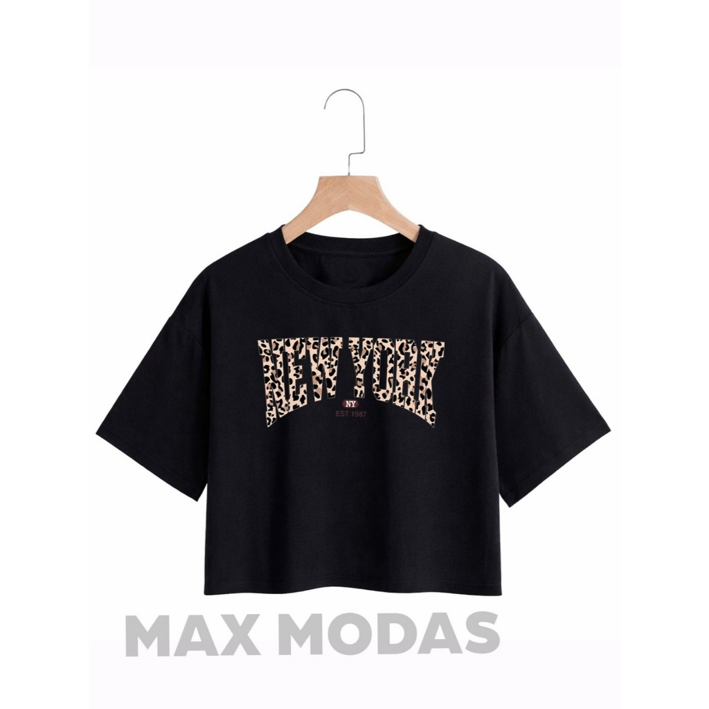 Camiseta Feminina Tshirt Cropped Oversized  New York Onça 100% Algodão Blusa Soltinha Confortável Modelo Novo