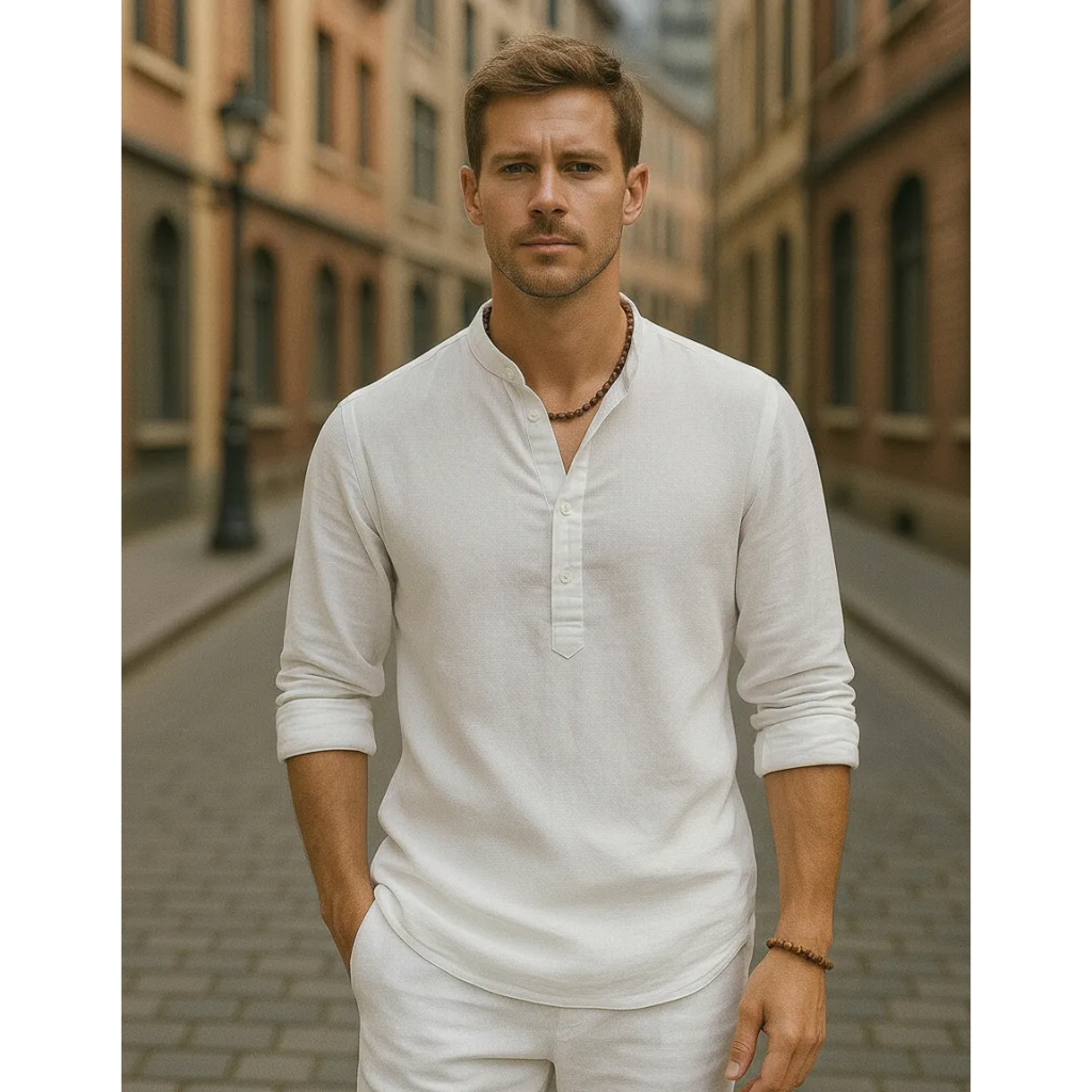 Camisa Social Linho Tipo Bata Masculina Slim - Estilo Moderno e Elegante Casamento Praia Batizado