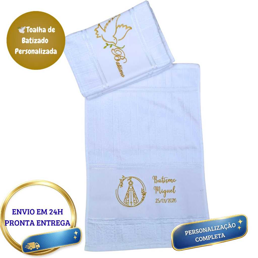 Toalha de Batizado Personalizada Nome e Data | Lembrança Batismo Padrinhos | Bordado Luxo Lavabo 30x45 Envio 24h em Oferta na Shopee