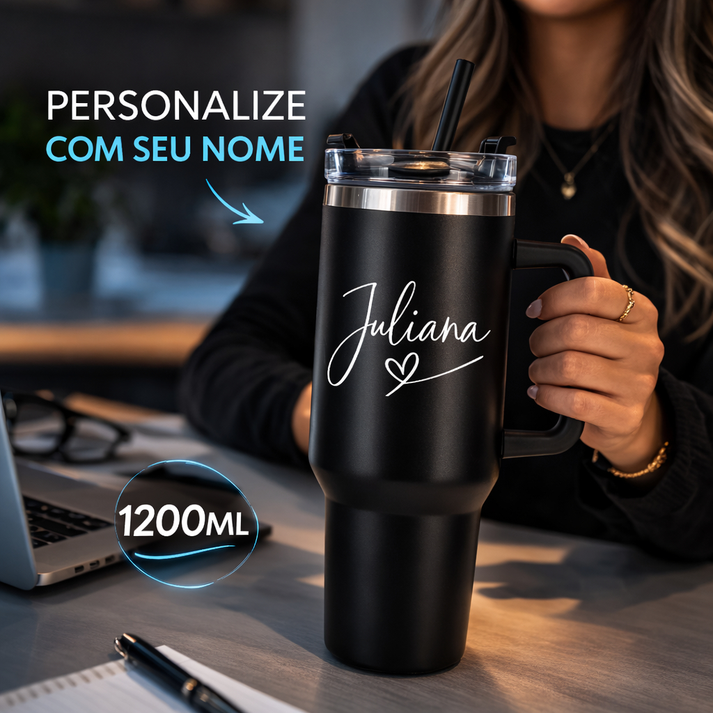 Copo Térmico PERSONALIZADO 1200ml Inox com Alça e Canudo Garrafa Térmica Grande 1.2L .