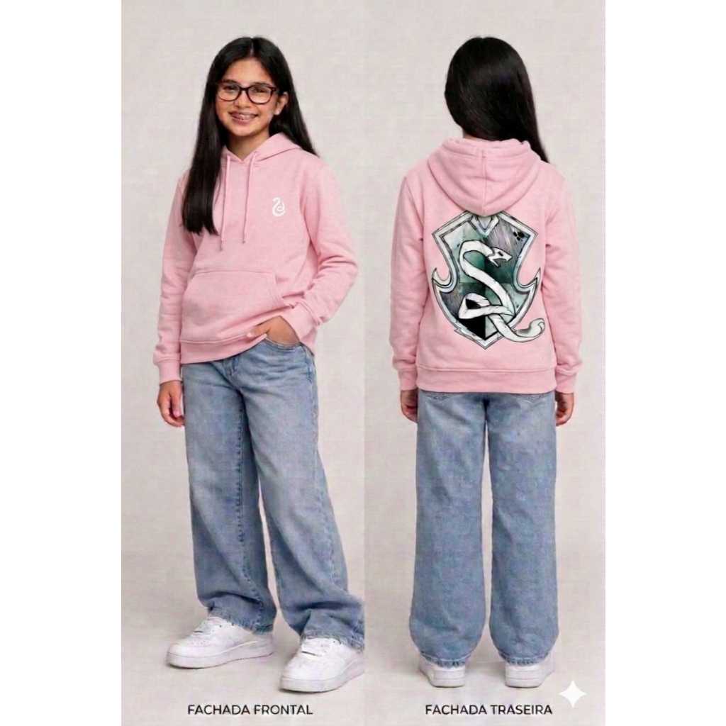 Moletom Canguru Harry Potter Sonserina Snake - Rosa Infantil/Juvenil Com Capuz e Bolso