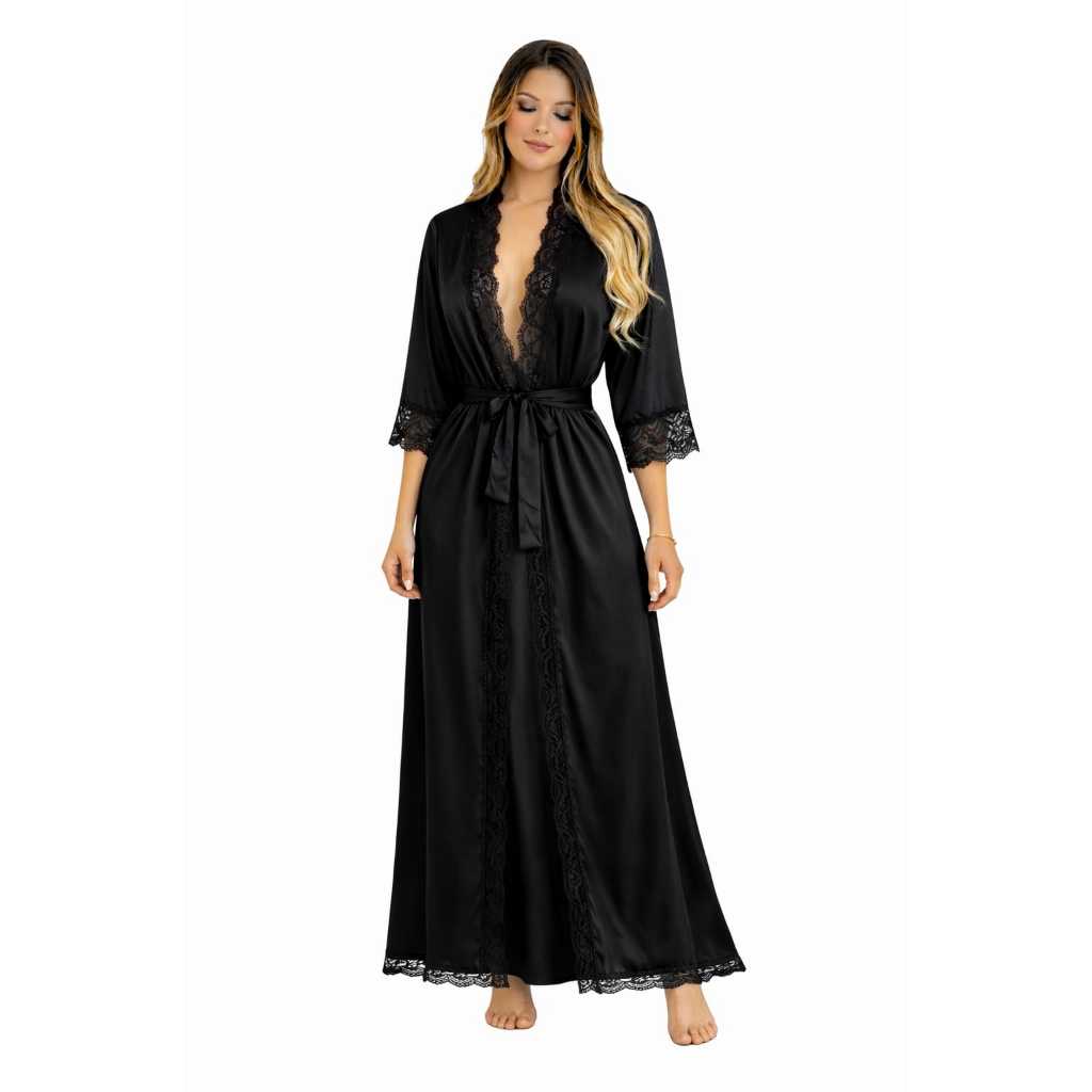 Robe Longo Feminino Liganete com Renda – Microfibra Luxo Manga 3/4 Moda Íntima Sexy Confortável