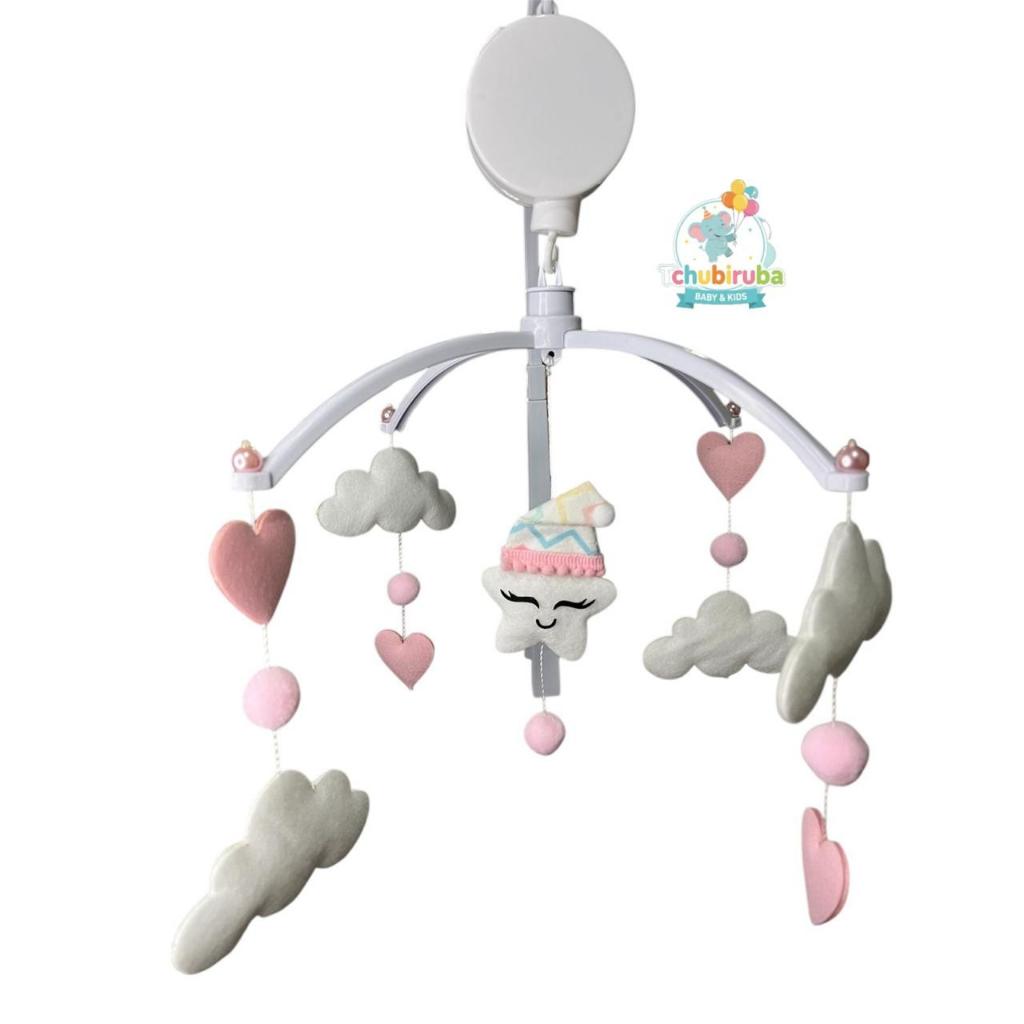 Móbile Musical Giratório para Berço Personalizado, Feito com Feltro Antialérgico - Estrela Dorminhoca Rosa