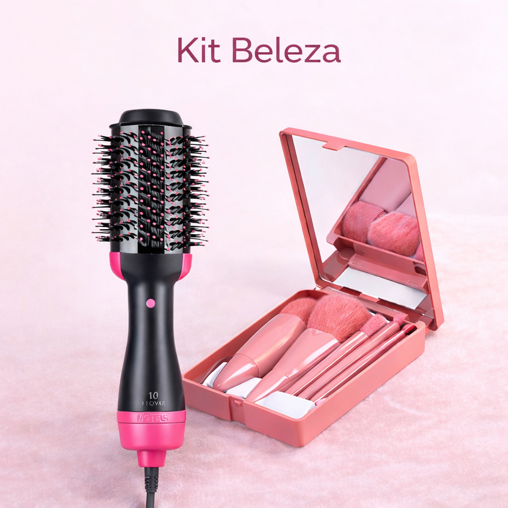 Kit Beleza Completo Dia das Mães Escova Secadora 2 em 1 110V + Pincéis Maquiagem Espelho Conjunto