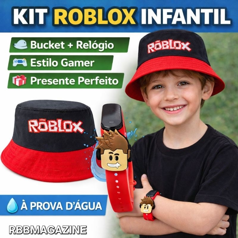 Chapéu Bucket Roblox Infantil + Relógio a prova d’água