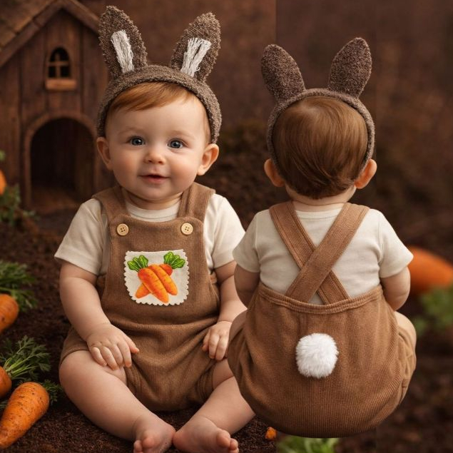 2 Peças Romper e tiara Headband Coelhinho Cenoura Marrom Páscoa Coelho Bebê