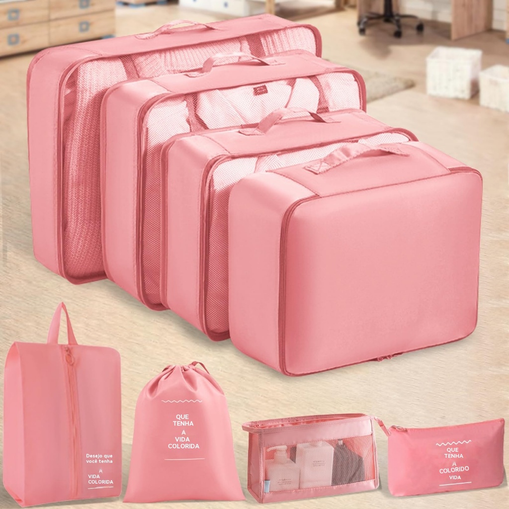 Kit Organizador de Viagem 8 Peças | Impermeável, Respirável e Prático para Mala - Cores Variadas
