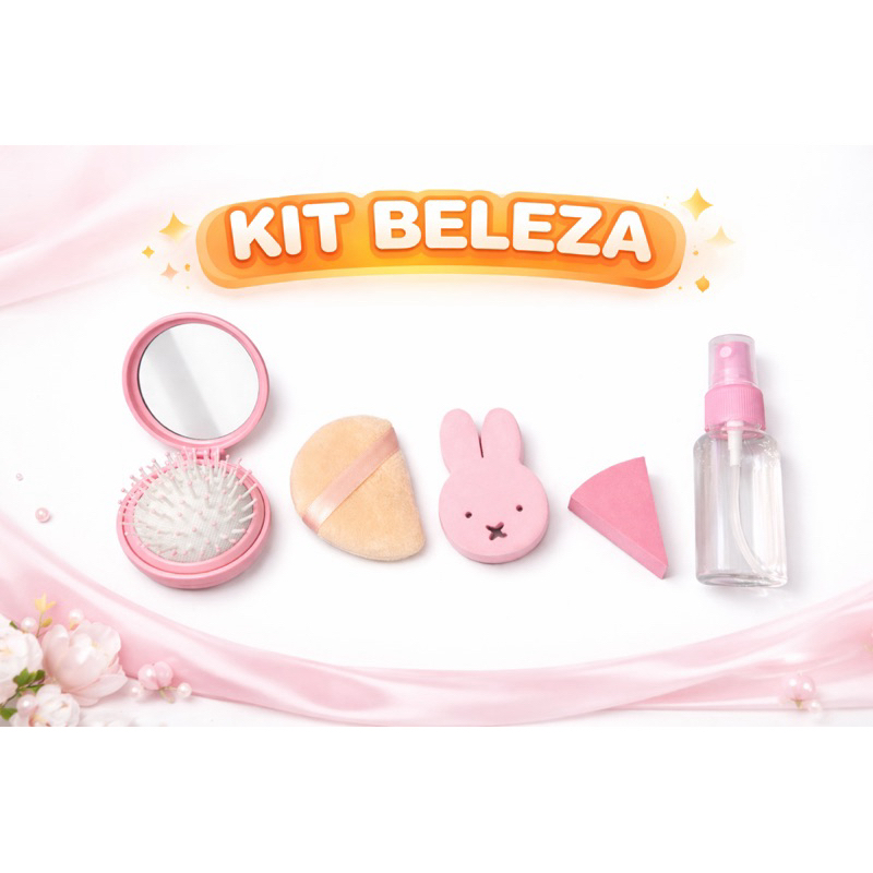 Kit 5 Maquiagem Fofinho Mini Espelho + Escova + Borrifador + Esponja Para Pó ou Base Make Kit Maquiagem de Bolsa