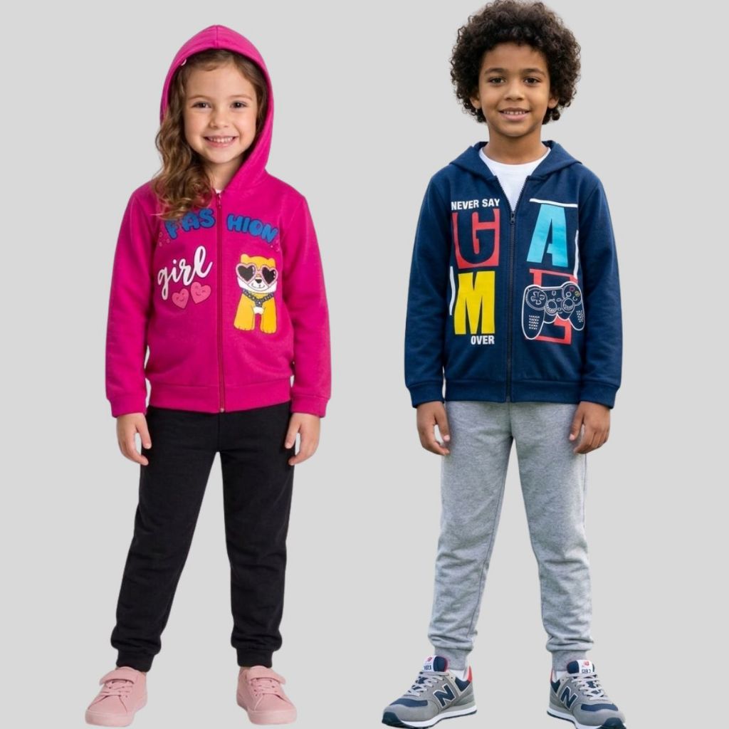 Kit Conjunto 06 peças Moletom Inverno Infantil Roupa Menina Menino Capuz Ziper Quentinho Flanelado