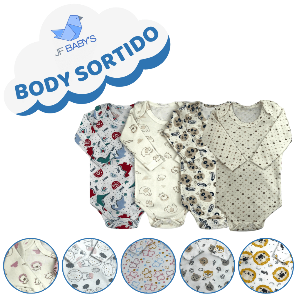 Kit 3 Body Manga Longa Estampado Menino Menina Estampas Sortidas Infantil Confortável Ajustável