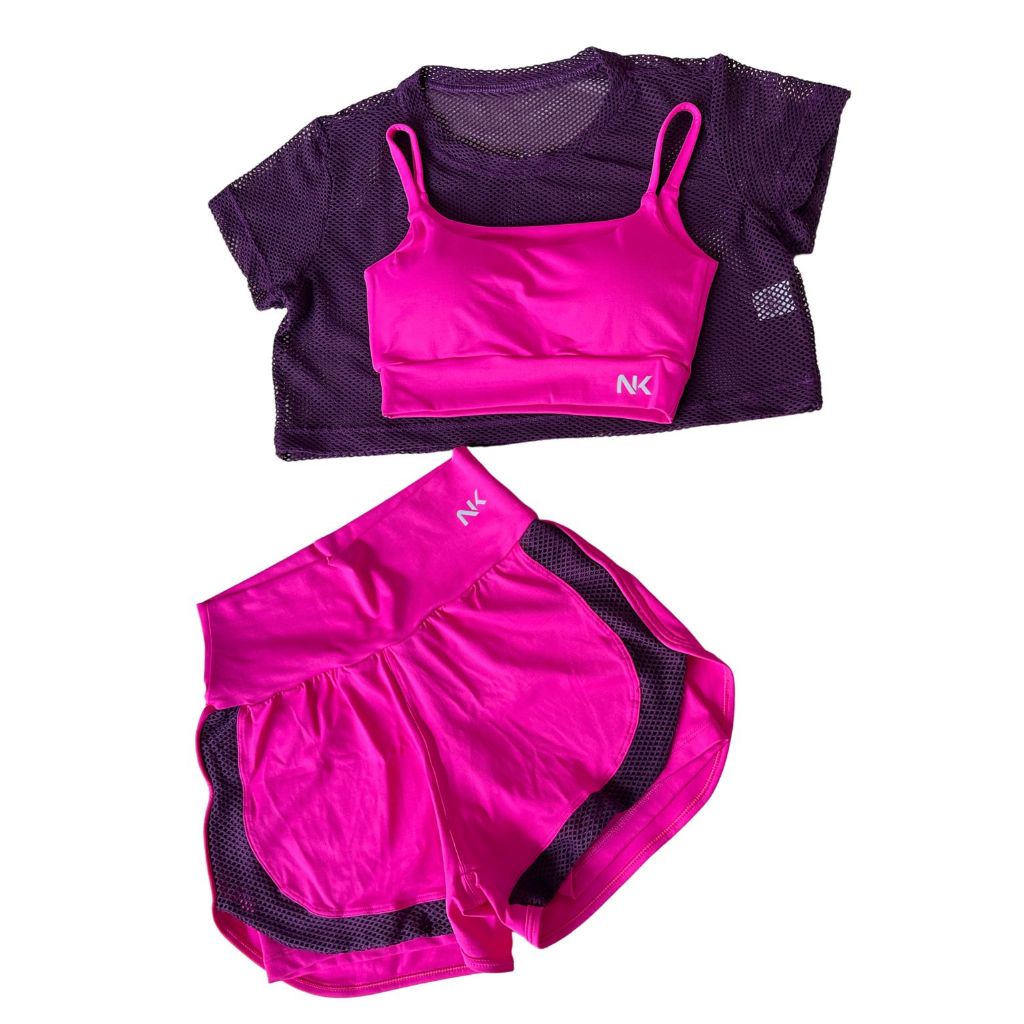 Roupa Academia Conjunto 3 Peças Cropped Telinha Top com Bojo Removível Short Duplo Tendência Fitness Trijunto