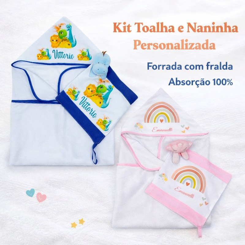 TOALHA DE BANHO INFANTIL BEBÊ COM CAPUZ PERSONALIZADO + NANINHA MIMO