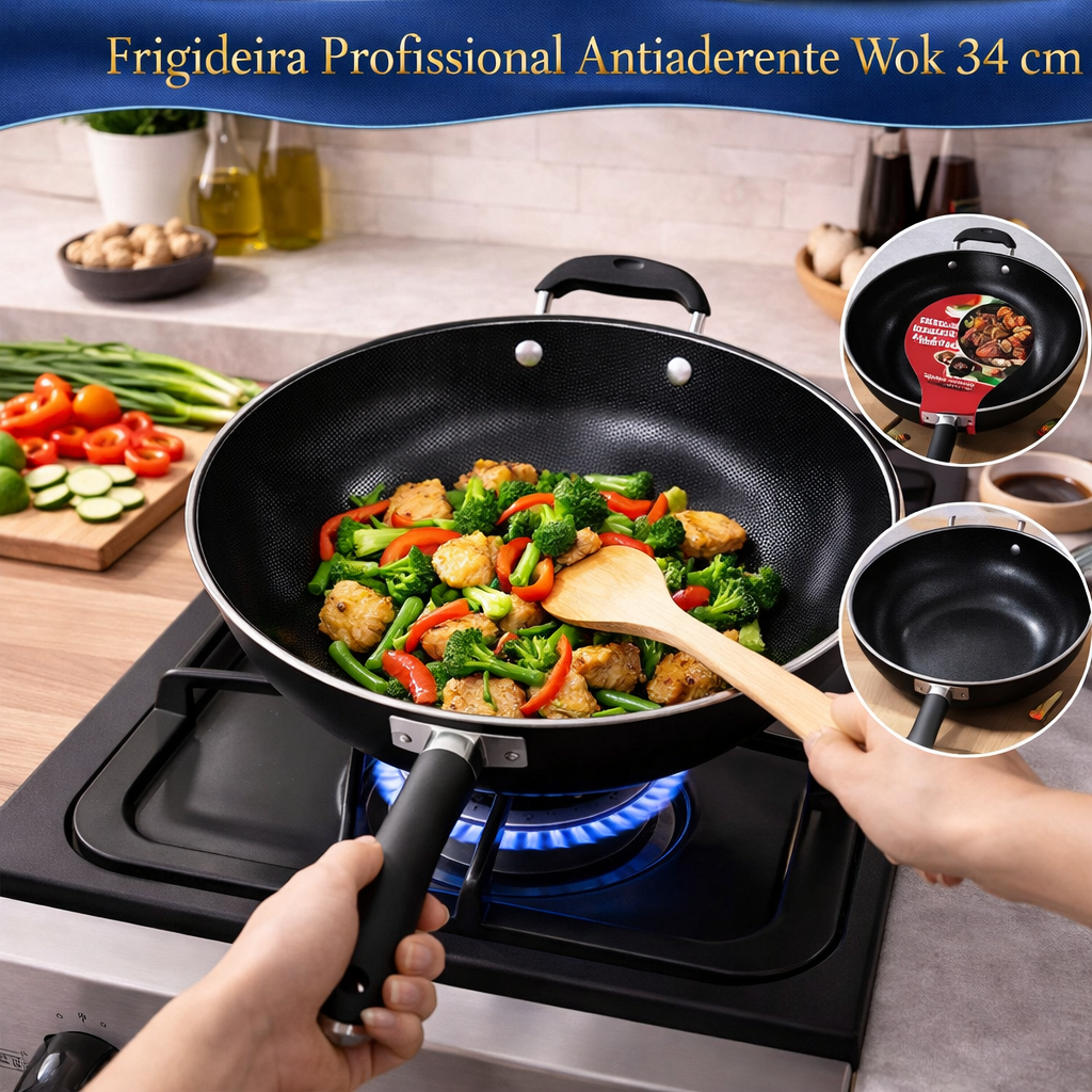 Frigideira Profissional Antiaderente Wok 34cm Preta Alça Auxiliar Cabo Anatômico Fogão Cozinha