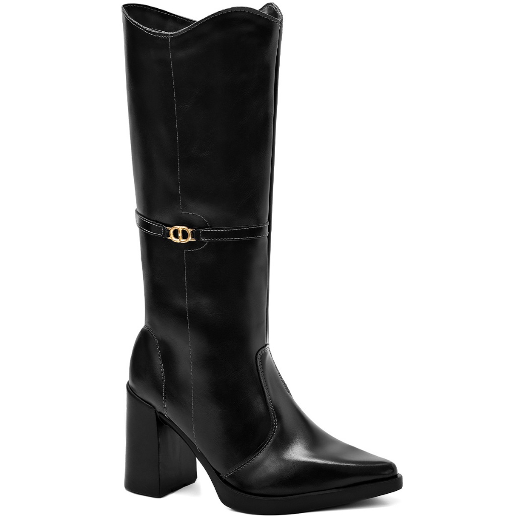 Bota Feminina Lumiss Cano Longo Salto Alto Bloco Bico Fino Enfeite Preto em Oferta na Shopee