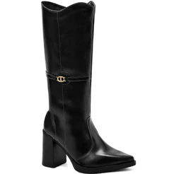 Bota Feminina Lumiss Cano Longo Salto Alto Bloco Bico Fino Enfeite Preto