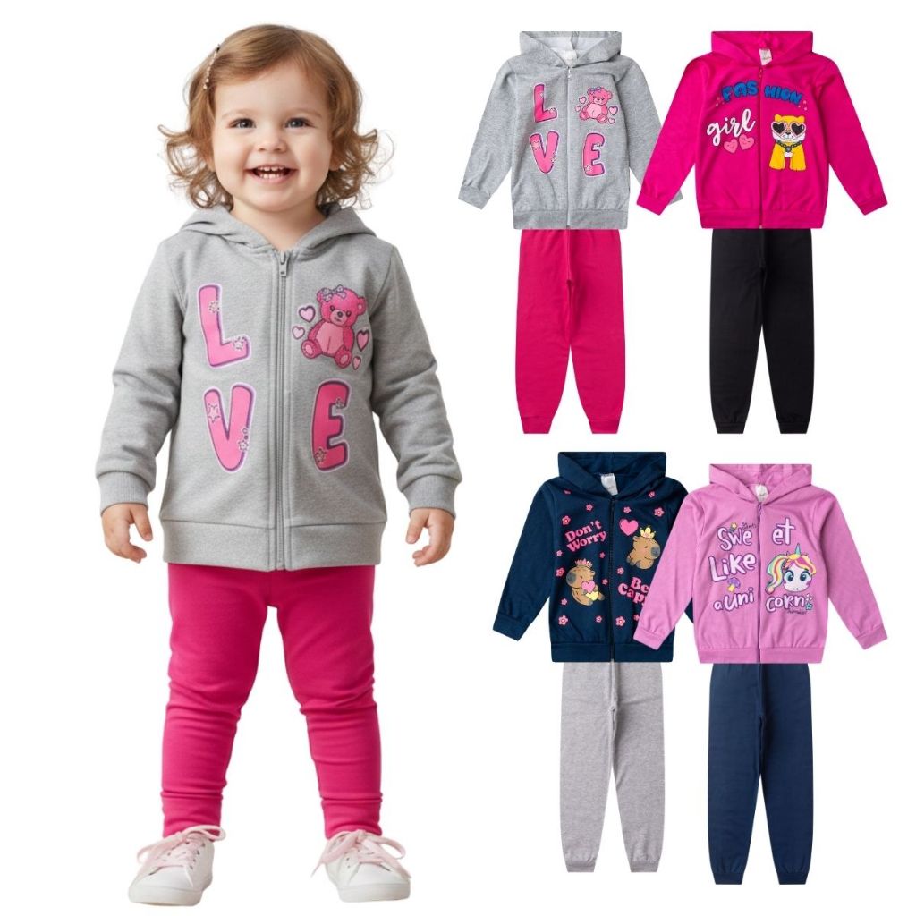 Kit 3 Conjunto Moletom Menina Calça + Casaco Infantil Roupa Inverno Capuz Zíper Barato Bebe Frio
