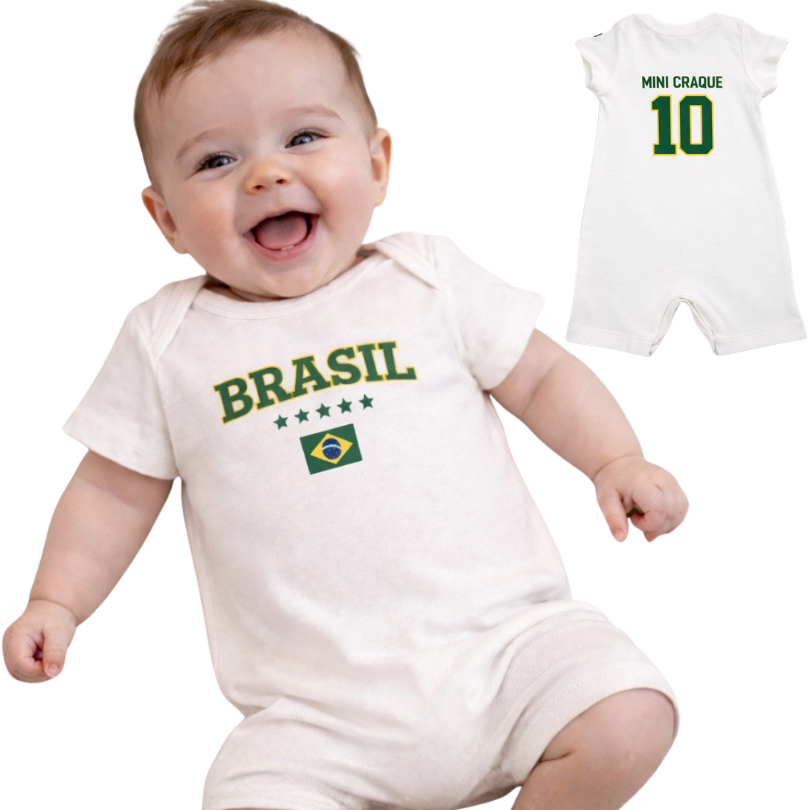 Macacão Bebê Brasil Mini Craque 10 Romper Infantil Copa Seleção Body Curto Algodão