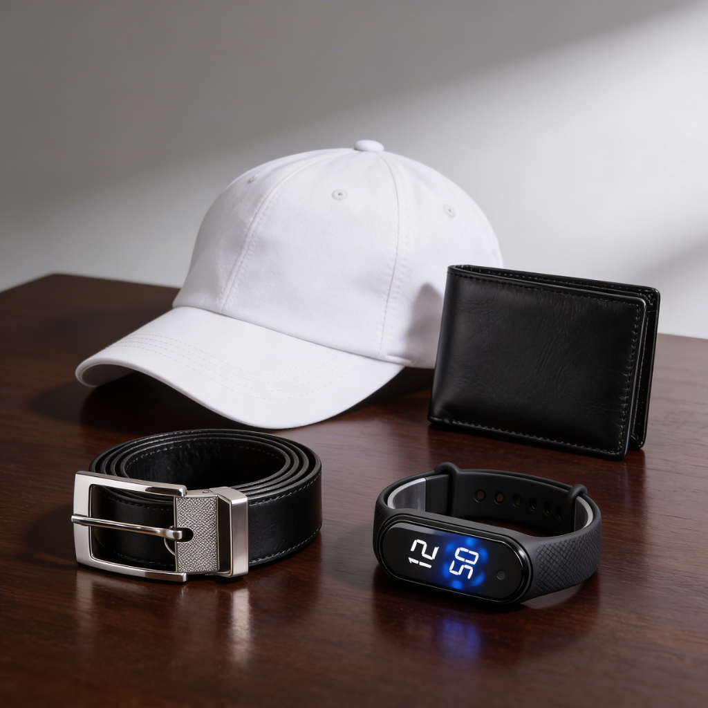 Kit Masculino Completo Boné Liso Cores Variadas + Carteira + Cinto + Smartband Acessórios Presente Promoção