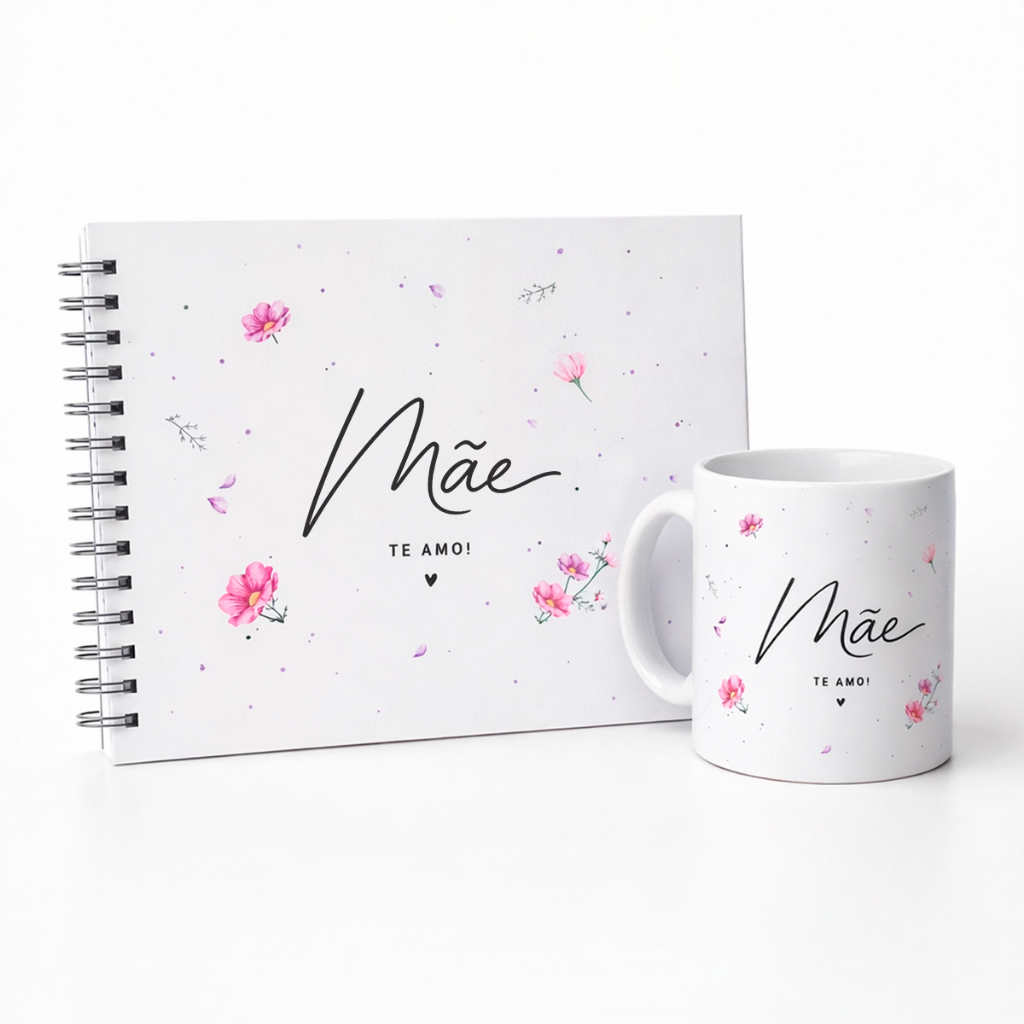 Kit Presente Dia das Mães Álbum de Fotos + Caneca Minimalista Álbum de Memórias para Mãe 20x22 cm