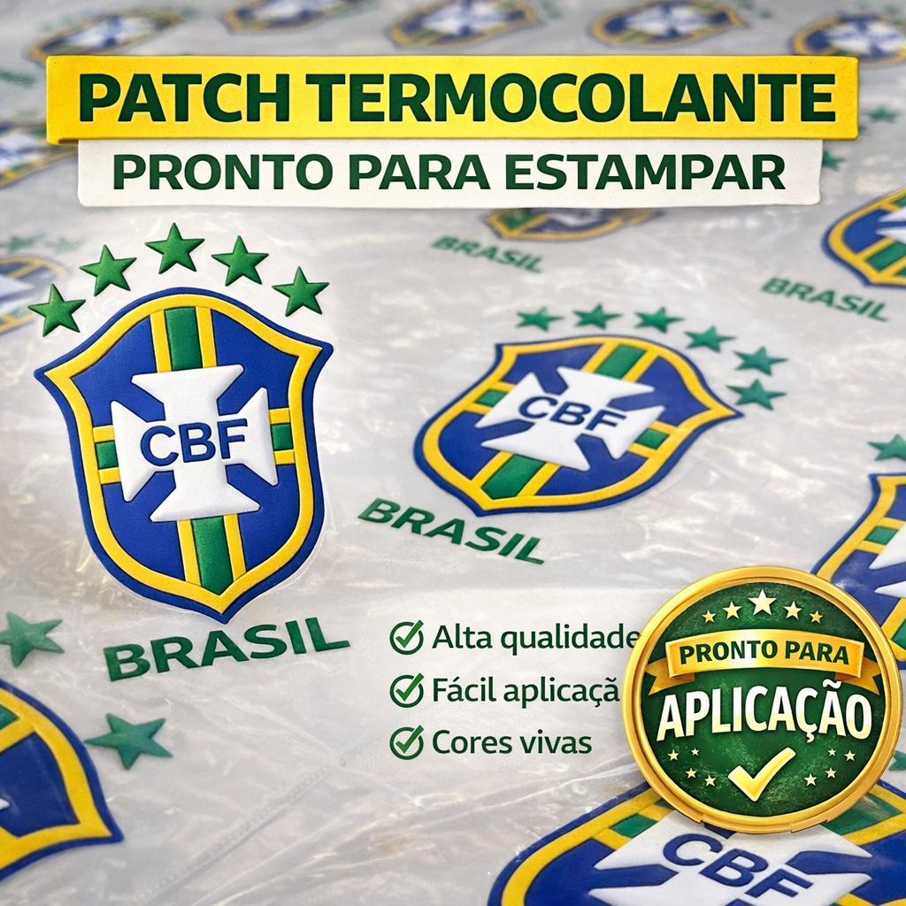 Patch Termocolante DTF Têxtil Efeito Emborrachado Brasil Copa do Mundo Seleção 50un