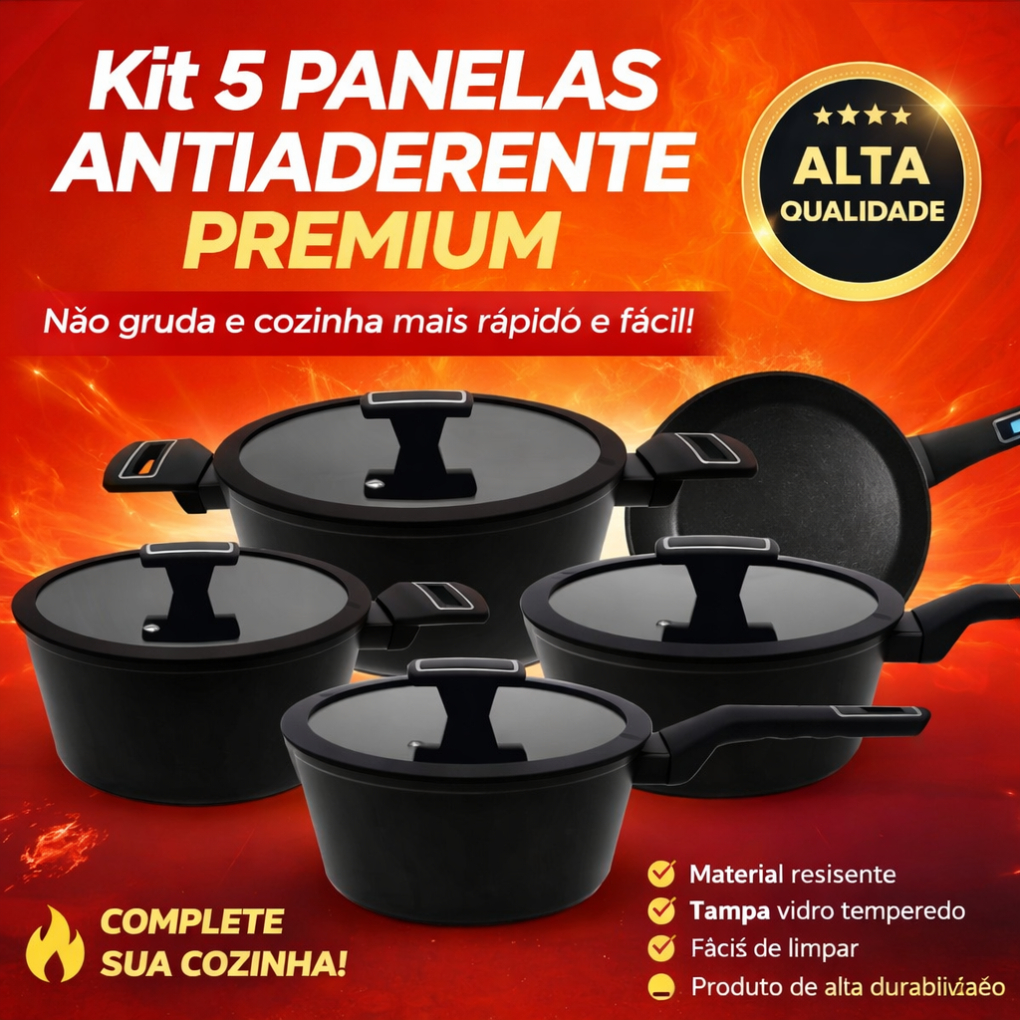 Conjunto de  Panelas Antiaderente Premium + Tampa de Vidro Jogo de Panelas Completo Cozinha
