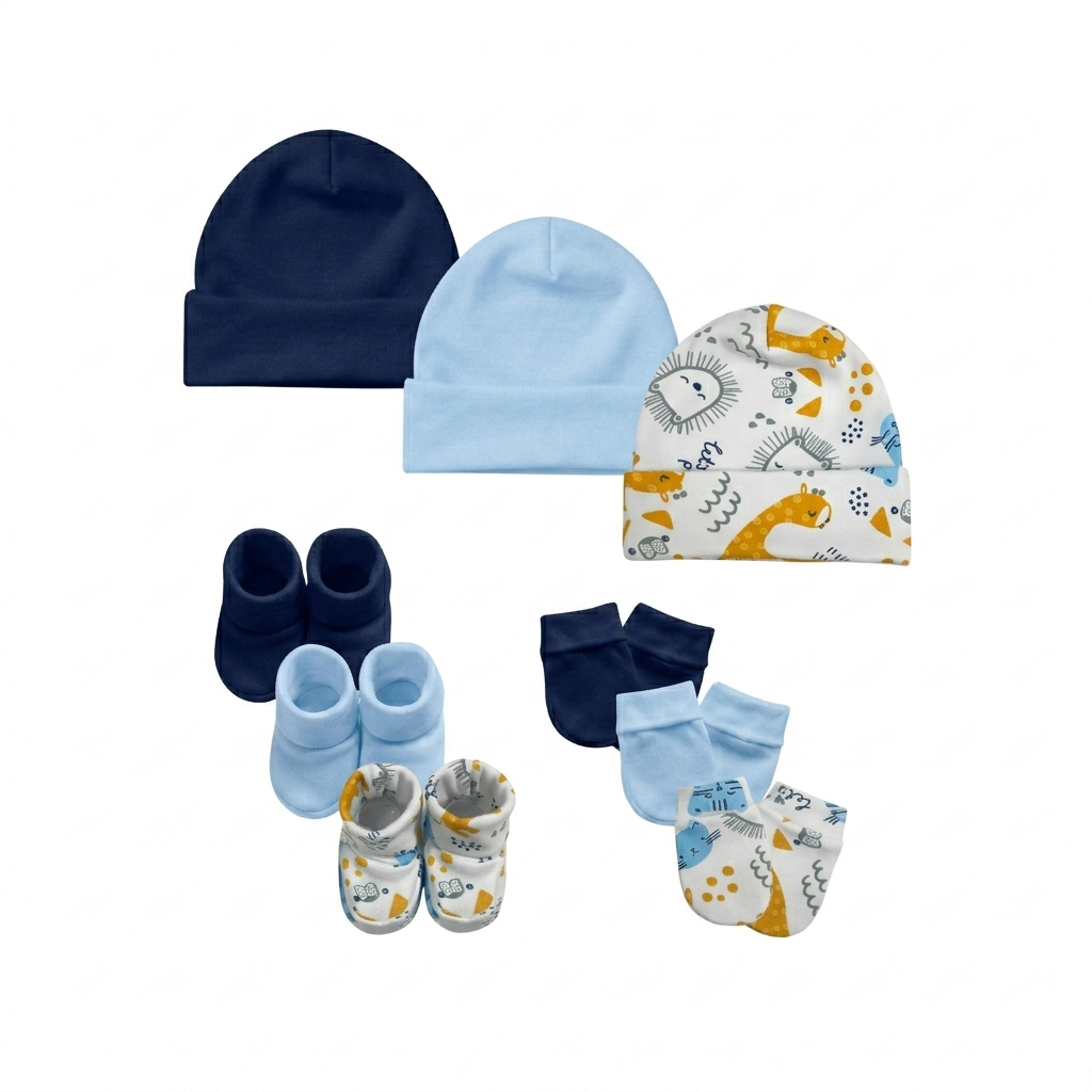 Kit Touca, Luvas e Pantufas Enxoval Bebê Maternidade - 9 peças em Suedine 100% algodão