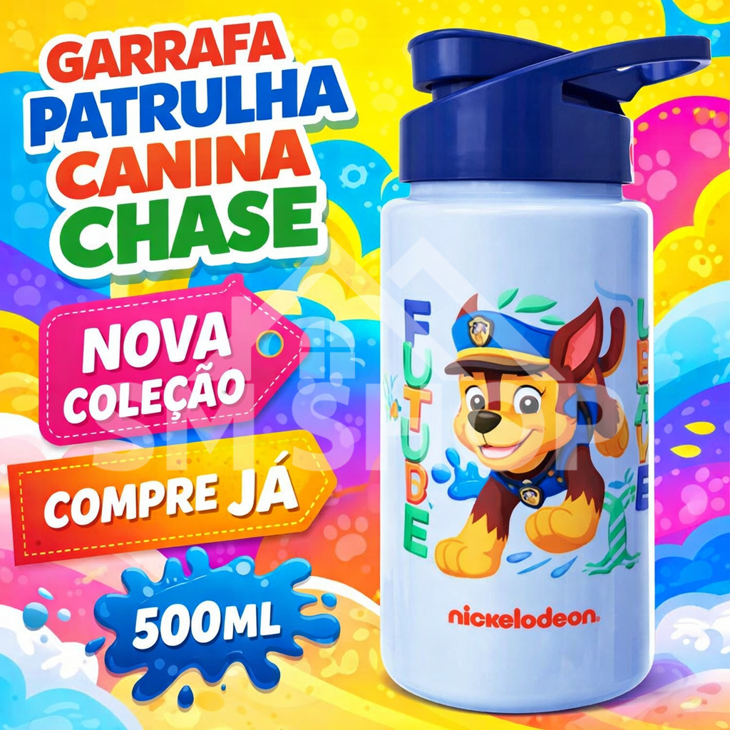 Garrafa de Água Infantil Squeeze Com Tampa Alça Patrulha Canina Chase Menino 500ml Volta as Aulas