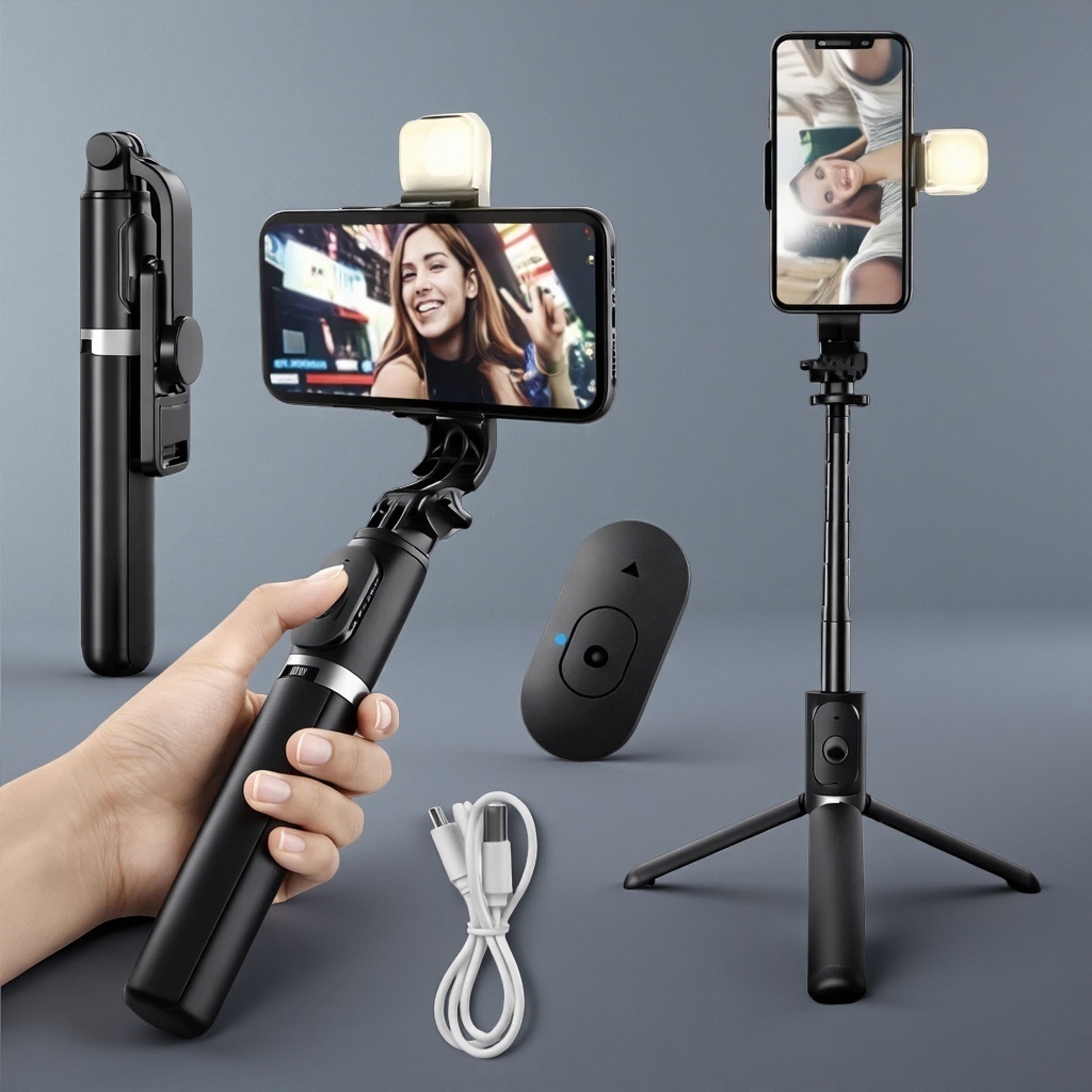 Tripé Selfie para Celular com Controle Sem Fio e Luz LED – Selfie Stick Ajustável para Fotos e Vídeos em Oferta na Shopee