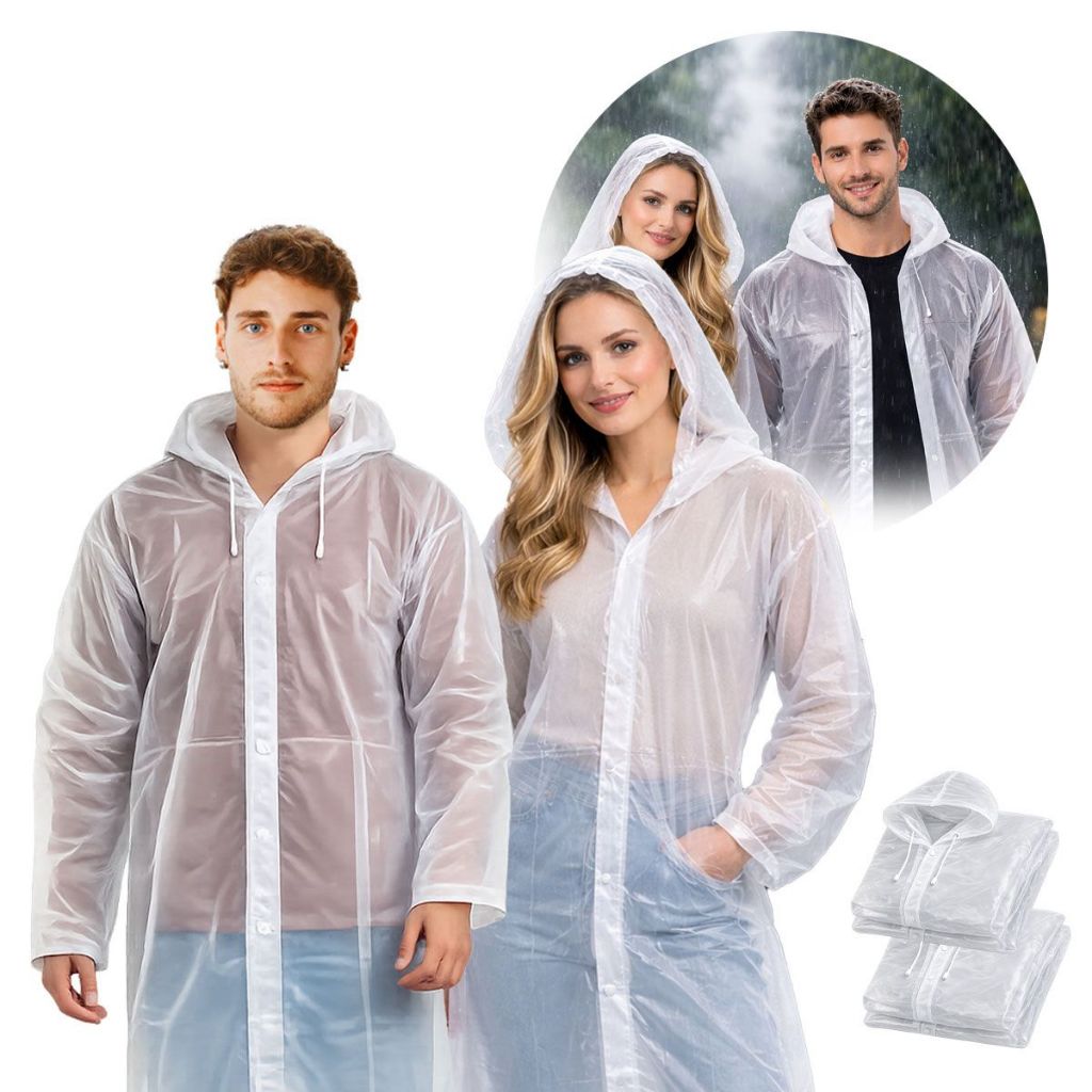 Kit 2 Capa de Chuva Transparente Adulto Unissex Impermeável Reutilizável PVC Gabardina Grossa Capuz