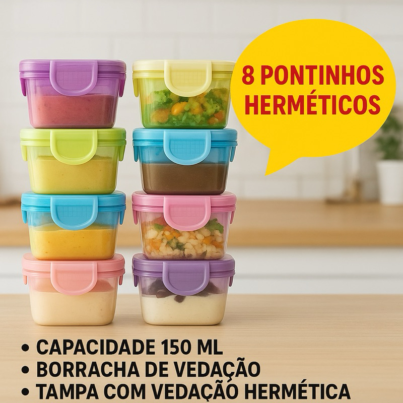 Kit com 4 ou 8 Potinhos Herméticos com tamanhos variados pra PAPINHAS e SOBREMESAS FIT e LIVRE BPA