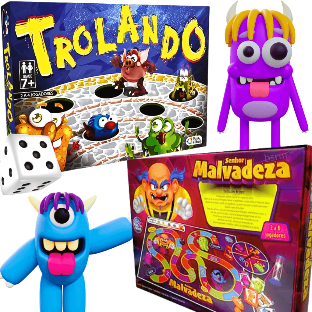 Kit Jogos Tabuleiro infantil Senhor Malvadeza Desafios Com Humor + Trolando 5 trolls 3D noite amigos