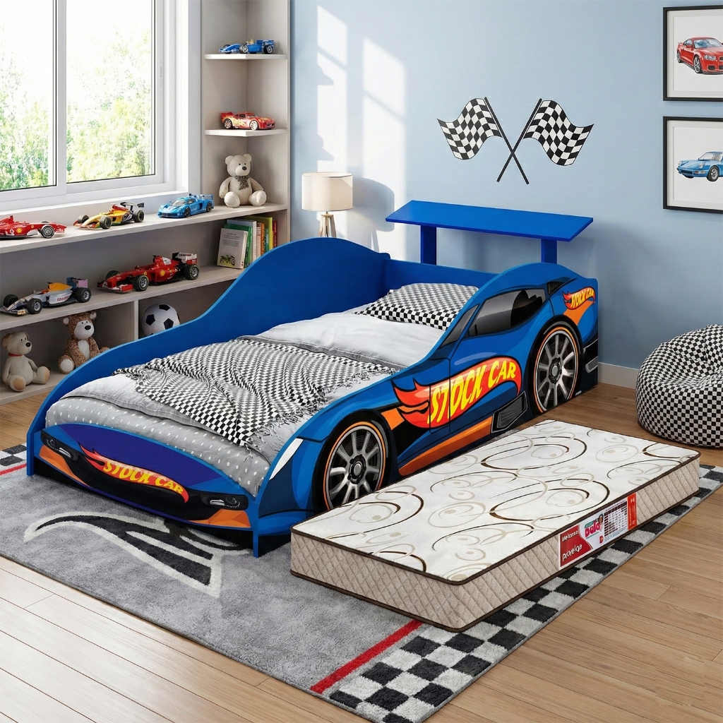 Cama Infantil Carro Stock Car com Colchão Design Esportivo Antiumidade Adesiv