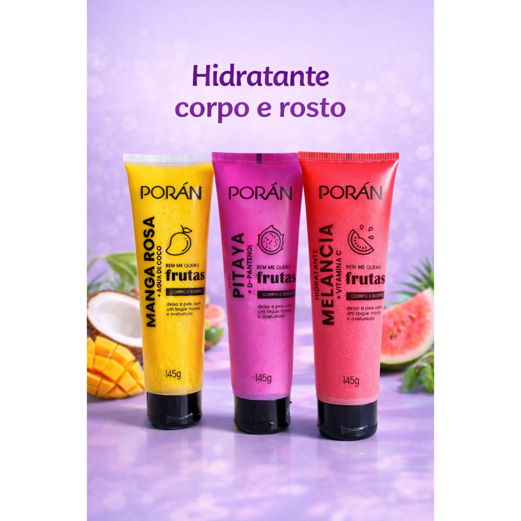 🧴Hidratante Corporal e Facial Porán Frutas 145g | Pitaya, Manga Rosa + Água de Coco e Melancia + Vitamina C | Pele Macia