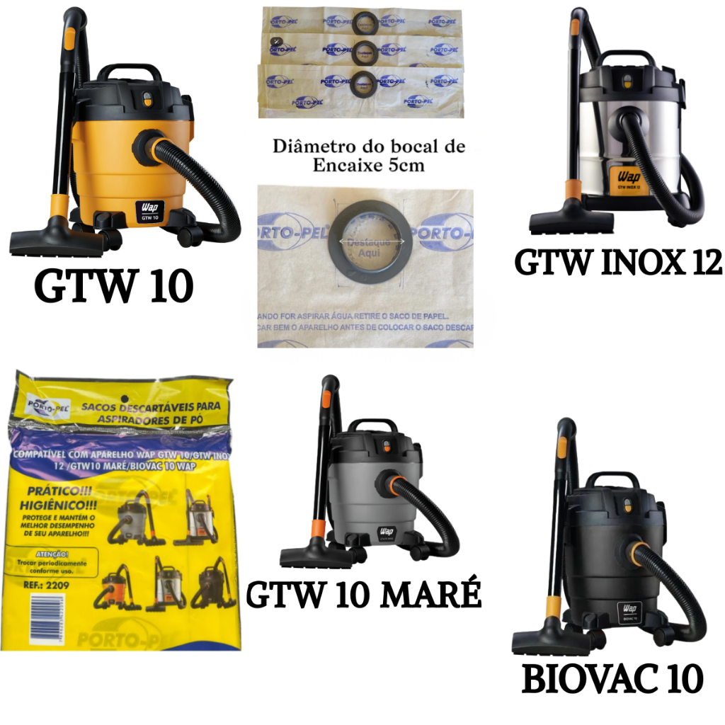 Sacos Descartáveis Aspirador WAP GTW10, GTW INOX 12, GTW10 MARÉ BIOVAC 10/ 3, 6, 9 ou 12 Sacos