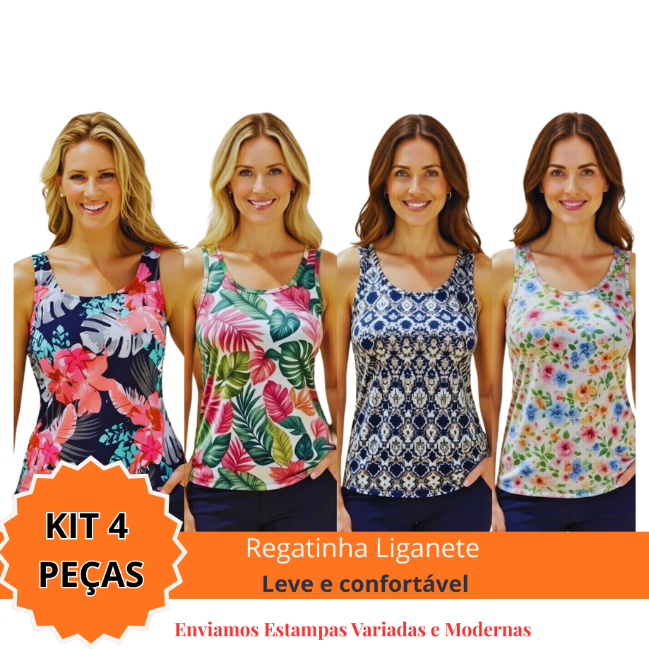 Kit 4 Blusas Regata Feminina Liganete - Malha Fria Não Amassa - Estampas Variadas 1006 em Oferta na Shopee