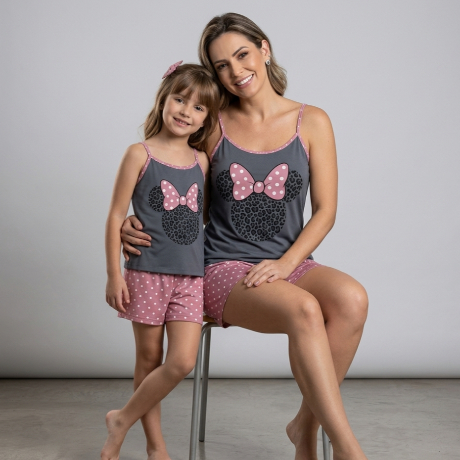KIT 2 Baby Doll Mãe e Filha MINNIE CINZA Confort Conjunto baby Short Doll Verão