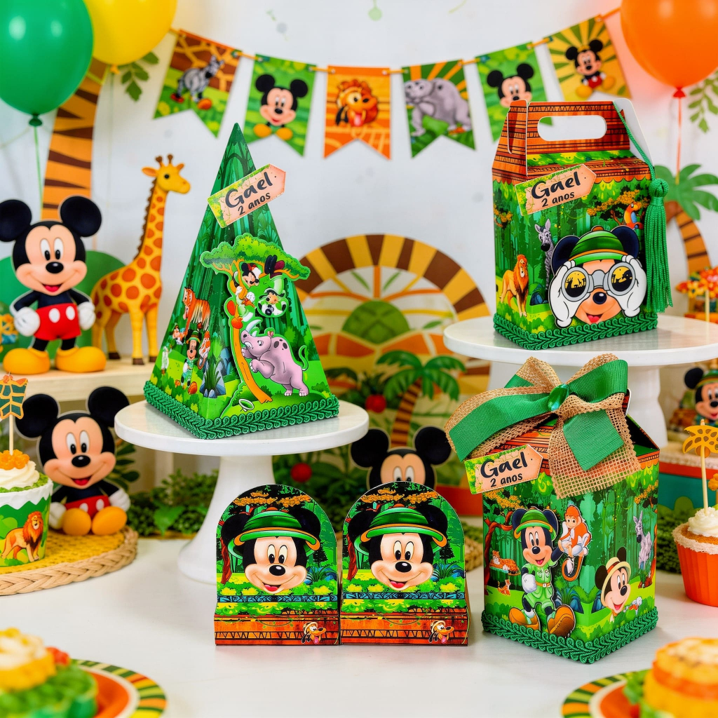 Caixinha Mickey Safari Personalizados Lembrancinha Menino Decoração Aniversário Mesversário Kit 40