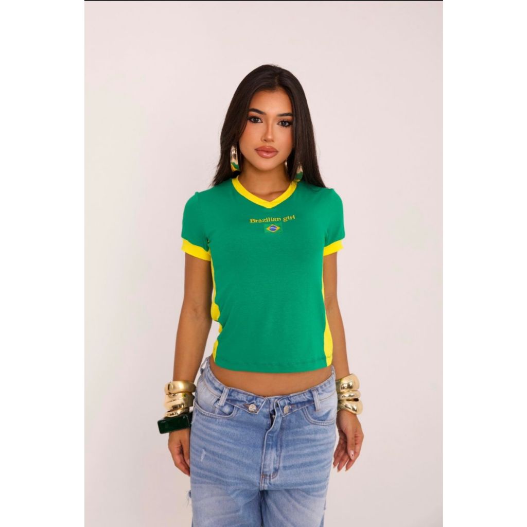 Blusa Brasil Feminina, Visco Lycra, Seleção. Tamanho Único 36-42. Moda Copa, Brasil Core, Gringa.