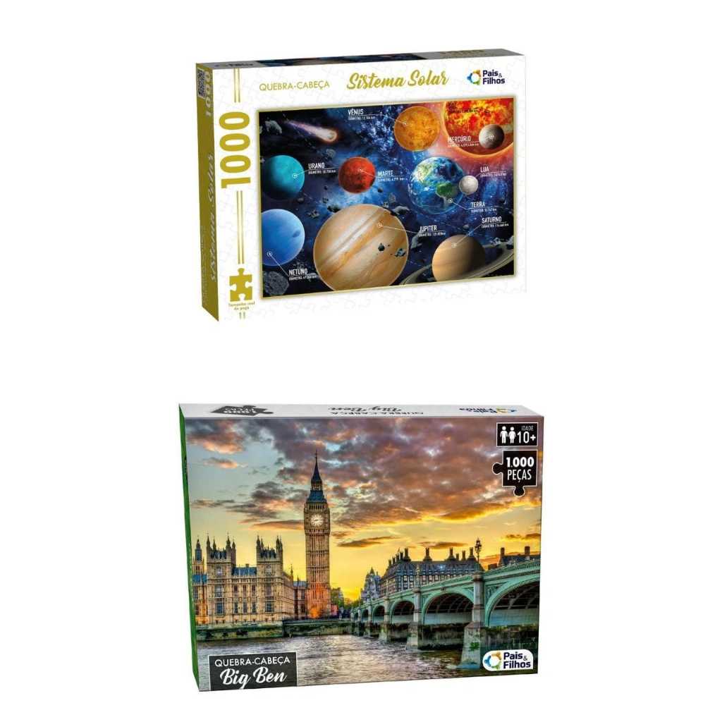 Kit 2 quebra cabeças 1000 peças sistema solar + big ben 1000 peças pais e filhos