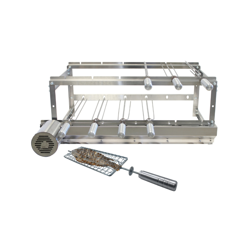 Churrasqueira Grill Giratório Tradicional Inox para 6 Espetos + Grelha De Peixe Frango e Coraçãozinho