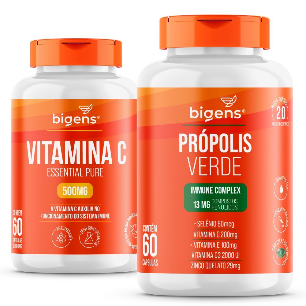 KIT IMUNIDADE PRÓPOLIS VERDE + VITAMINA C 500mg 60 Cápsulas | Zinco, Selênio e Vitaminas - BIGENS